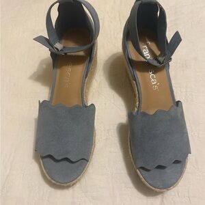 Francesca's Collections Slate Blue Scalloped Espadrille Wedge Sandals